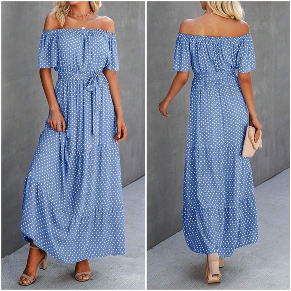Off Shoulder Polka Dot Butterfly Sleeve Belted Maxi Dress - Picture 5 of 5